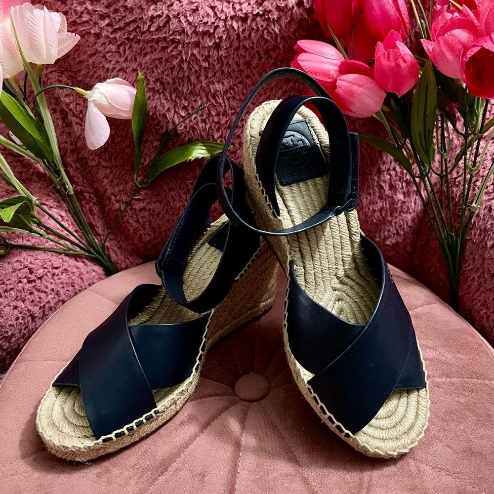 💖Pre-Loved Tory Burch Navy Blue Wedge Espadrilles with Adjustable Ankle Strap